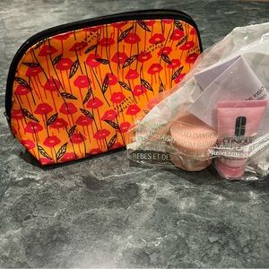 NWT Clinique X Donald Orange and Pink Makeup Bag with Travel size Skincare